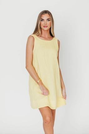 Front Detail Tailored Comfort 100% Linen Florence Mini Woven Dress in Pineapple *Final-Sale*