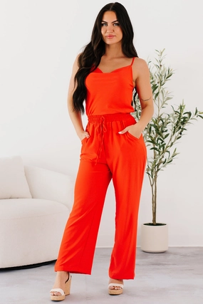 Vibe Queen Sleeveless Cowl Neck Jumpsuit (Red Coral) NonSlip Grip Tape Contoured Side Panels
