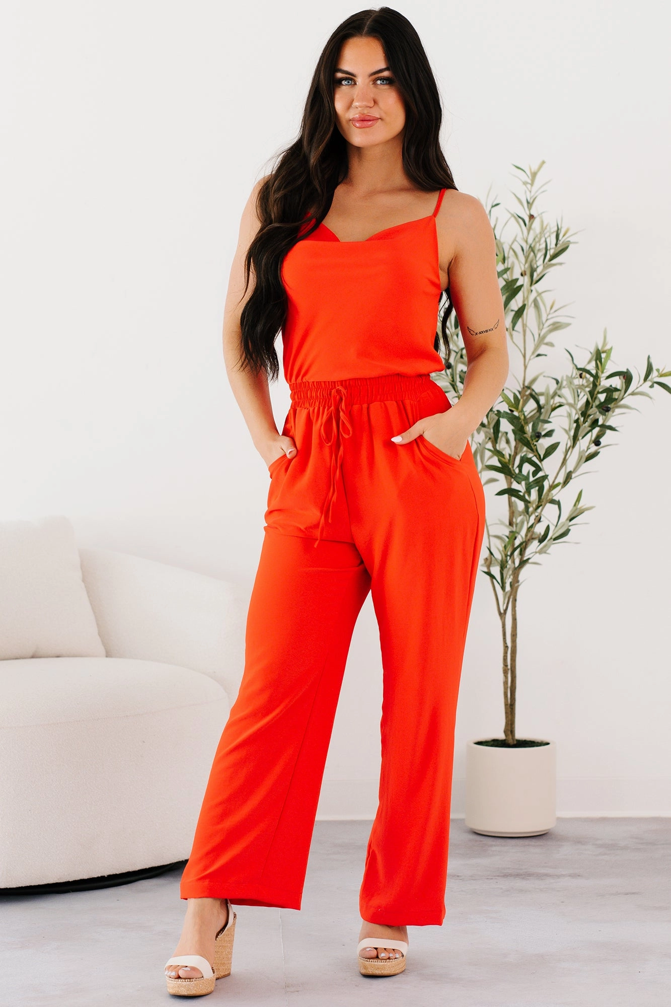 AthleisureReady Vibe Queen Sleeveless Cowl Neck Jumpsuit (Red Coral)