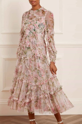 Classic Waistband Korean Trend English Rose Diamond Ruffle Ballerina Dress