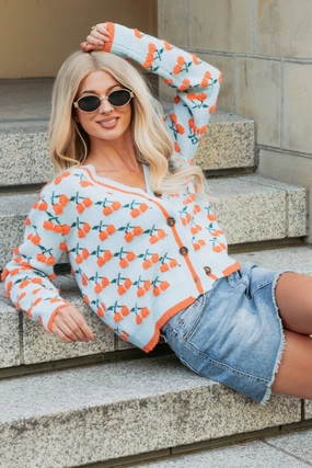 Vibrant Life Cherry Knit Cardigan (Light Blue/Orange) Fitted Shirt