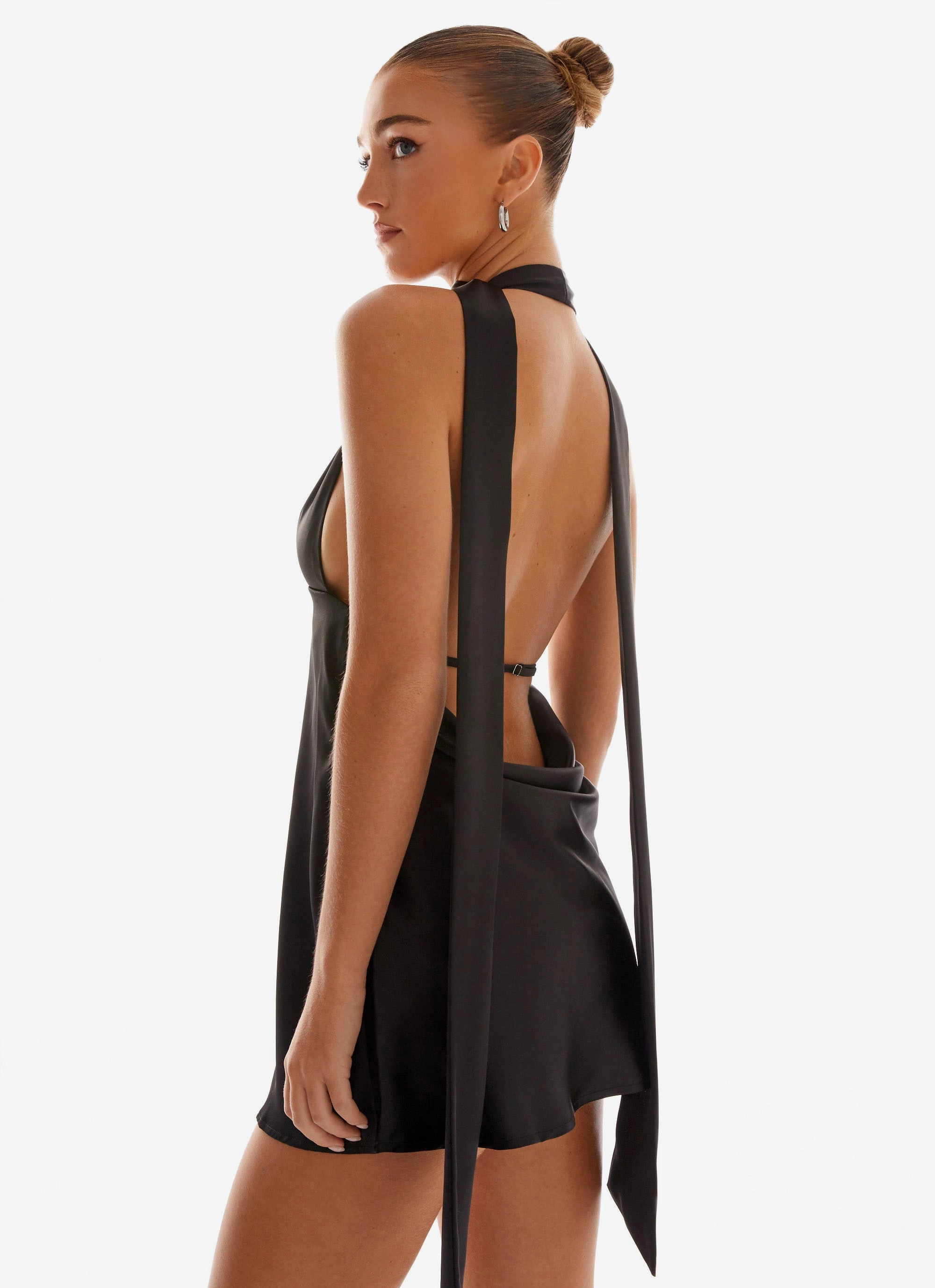 Alicia Satin Halter Mini Dress - Black Minimal Mood One Piece Look