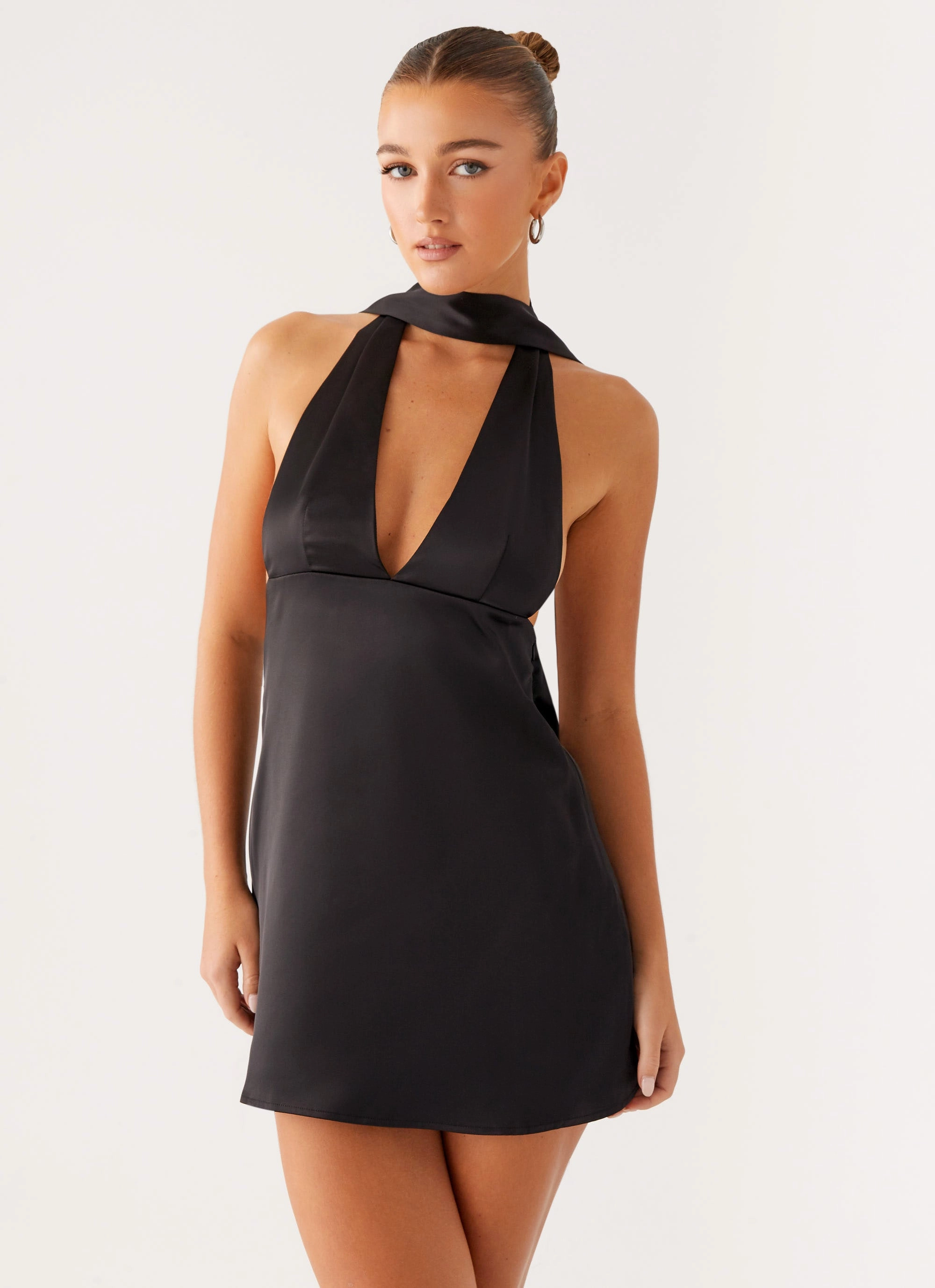 Alicia Satin Halter Mini Dress - Black Casual Smart