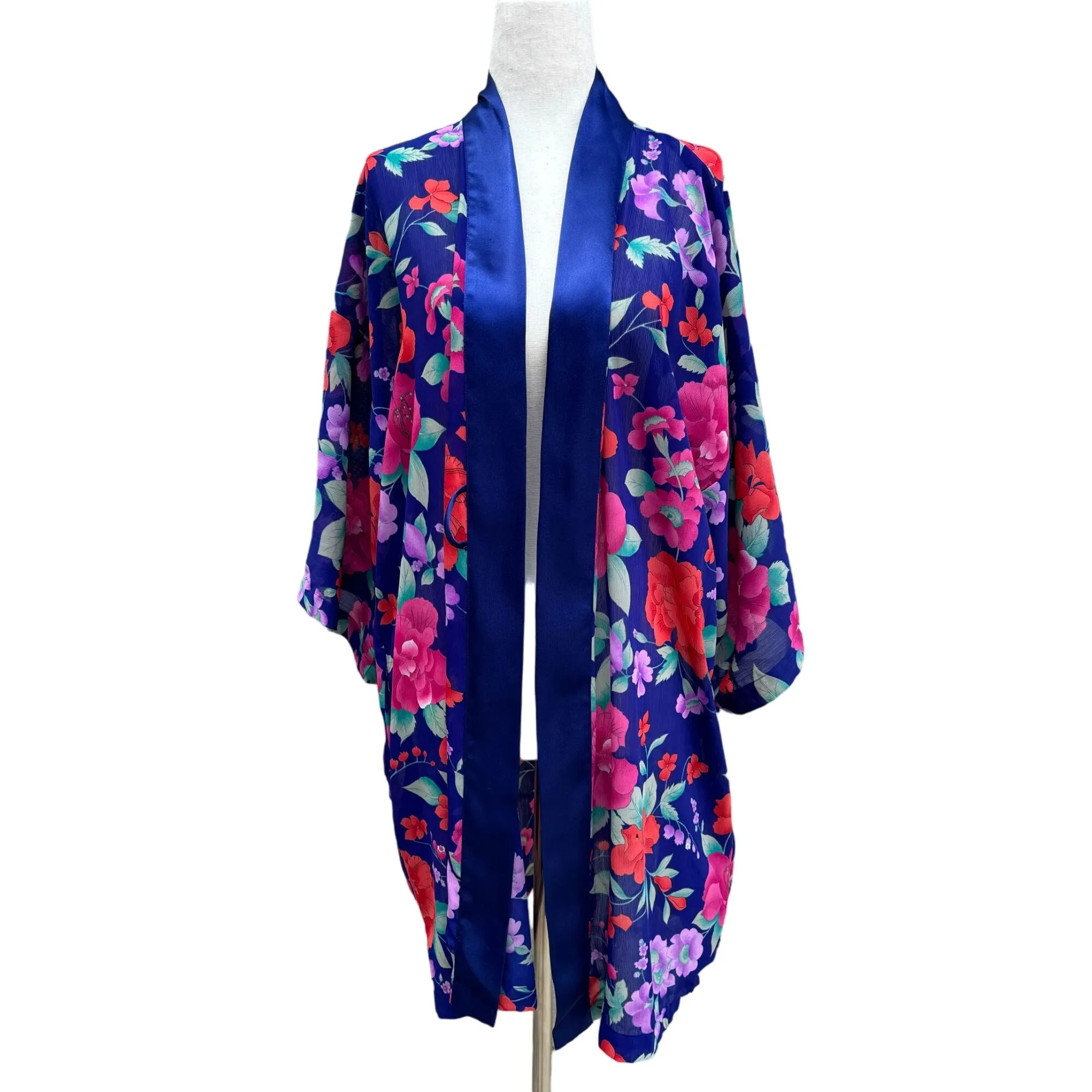 Victoria's Secret Vintage Women's Floral Satin Trim Midi Length Kimono Robe - OS