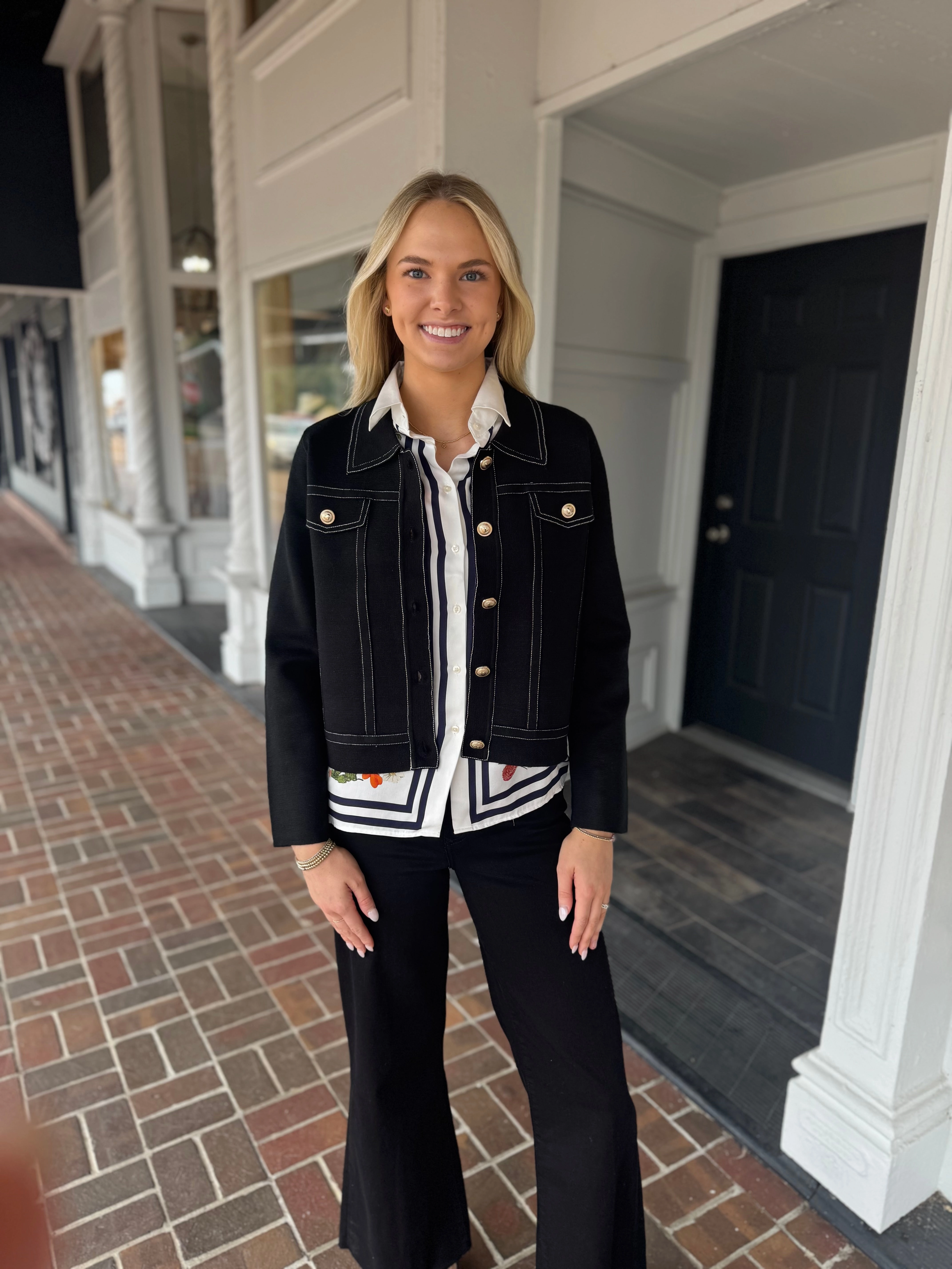 StretchFabric Vilagallo Black Button Pocket Sweater