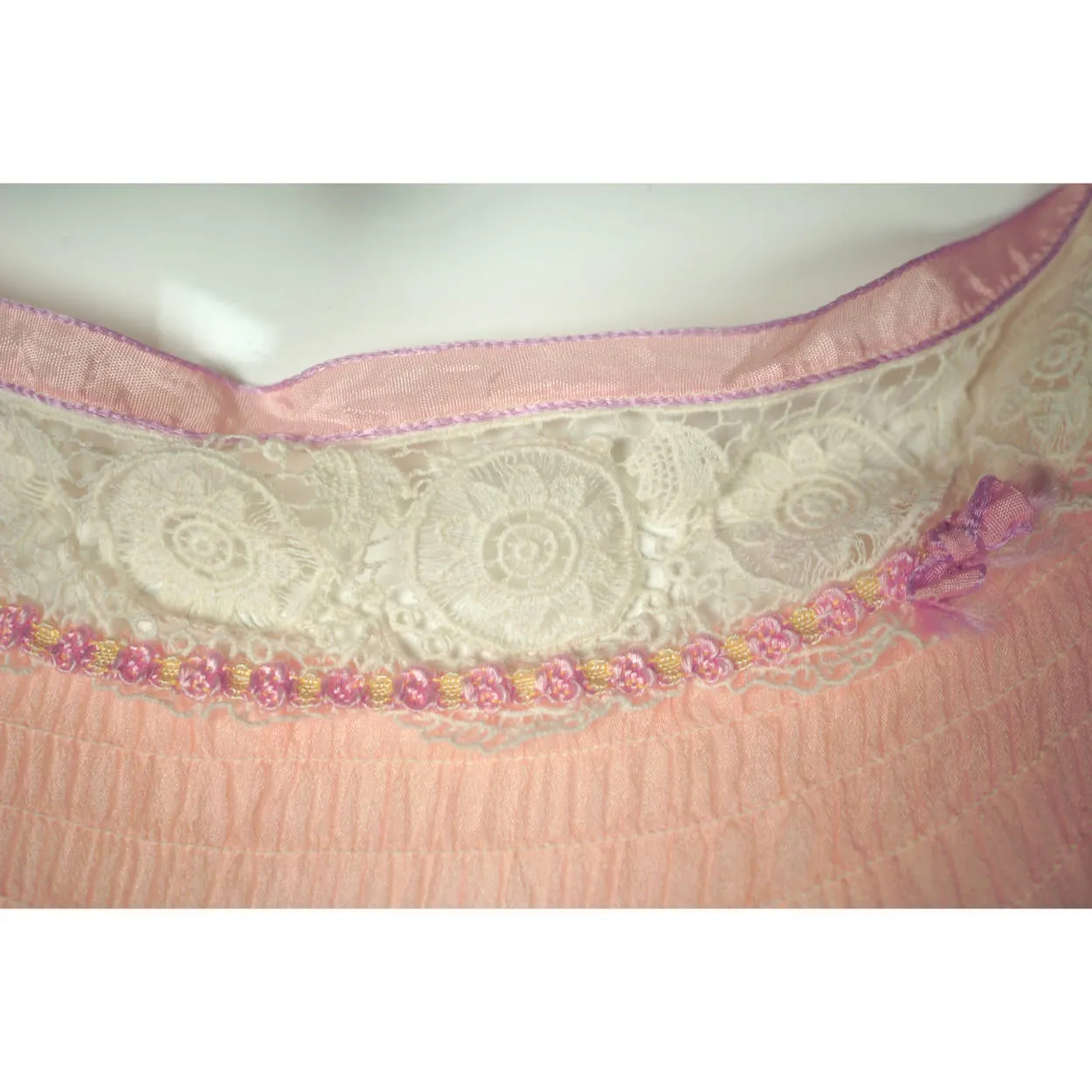Vintage 1920s Pink Silk Chiffon Nightie with Lace Trim Nightgown