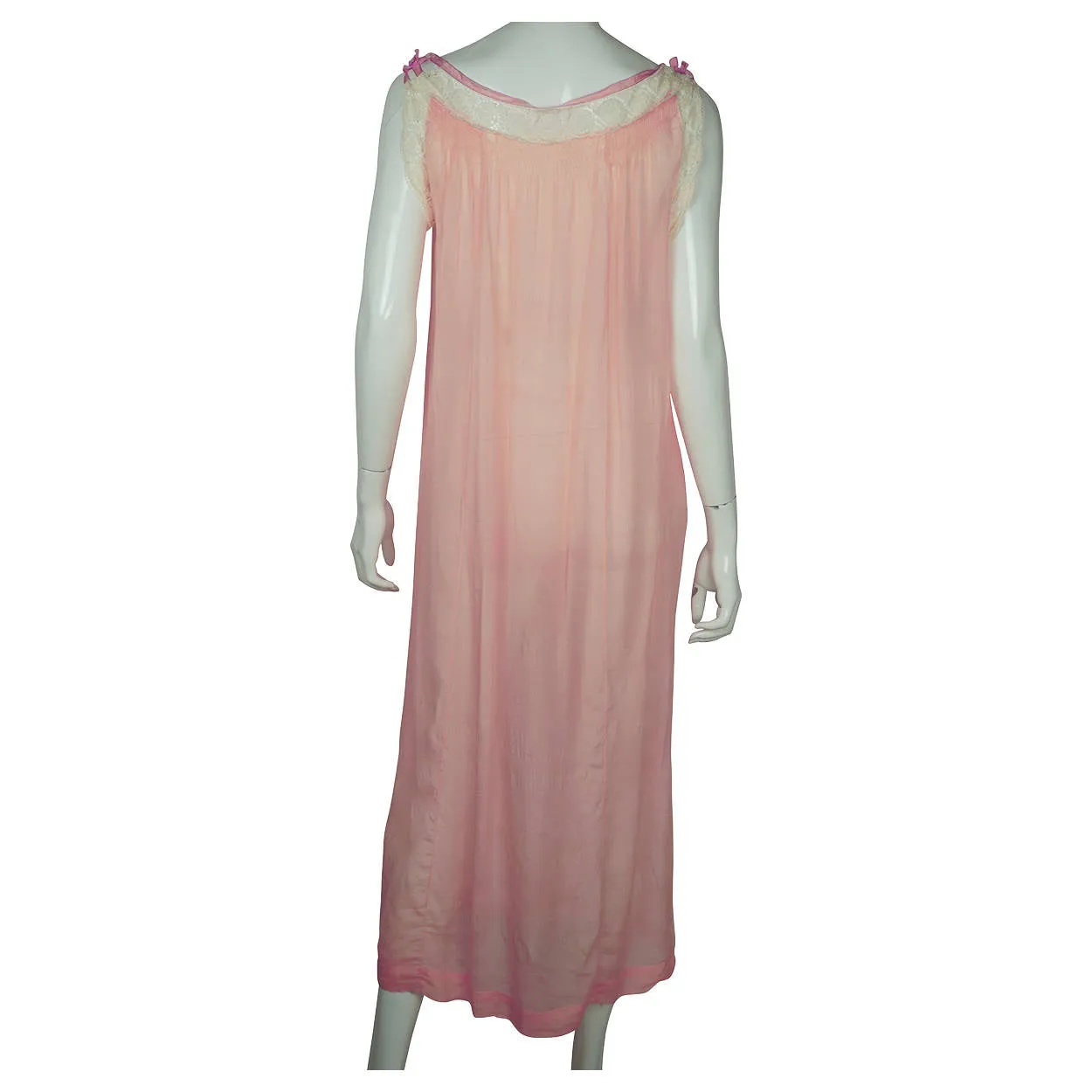 Vintage 1920s Pink Silk Chiffon Nightie with Lace Trim Nightgown