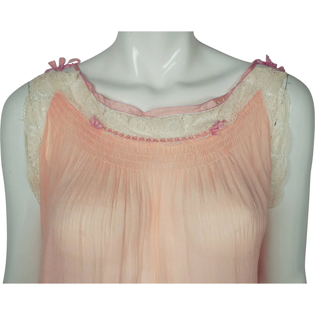 Vintage 1920s Pink Silk Chiffon Nightie with Lace Trim Nightgown