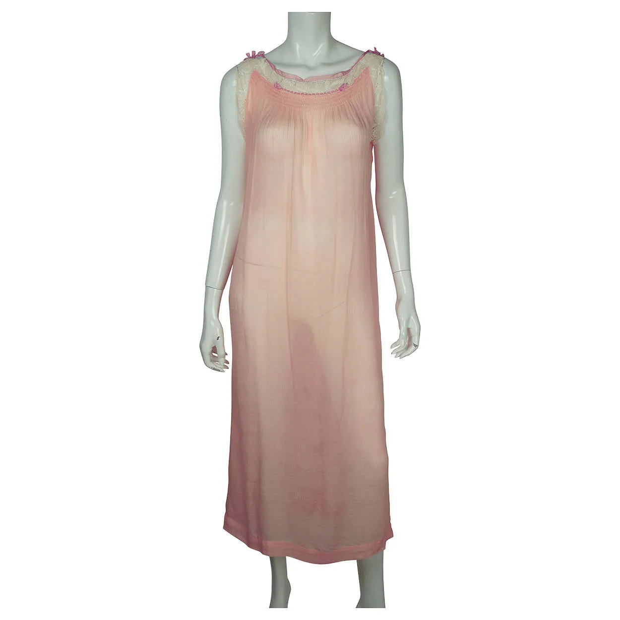Vintage 1920s Pink Silk Chiffon Nightie with Lace Trim Nightgown
