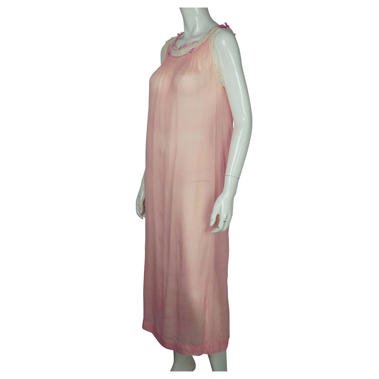 Vintage 1920s Pink Silk Chiffon Nightie with Lace Trim Nightgown