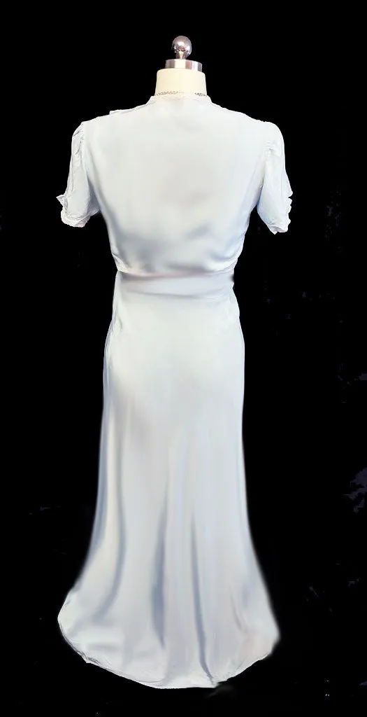 *VINTAGE 1930s LACE BED JACKET AND BIAS NIGHTGOWN SET IN ANTIQUE BLUE
