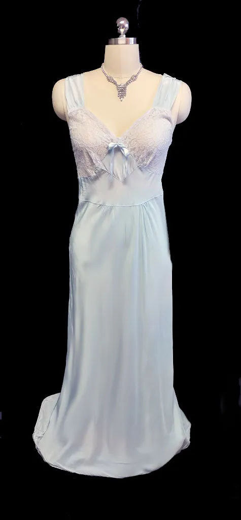 *VINTAGE 1930s LACE BED JACKET AND BIAS NIGHTGOWN SET IN ANTIQUE BLUE