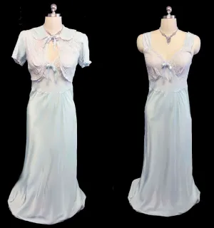 *VINTAGE 1930s LACE BED JACKET AND BIAS NIGHTGOWN SET IN ANTIQUE BLUE