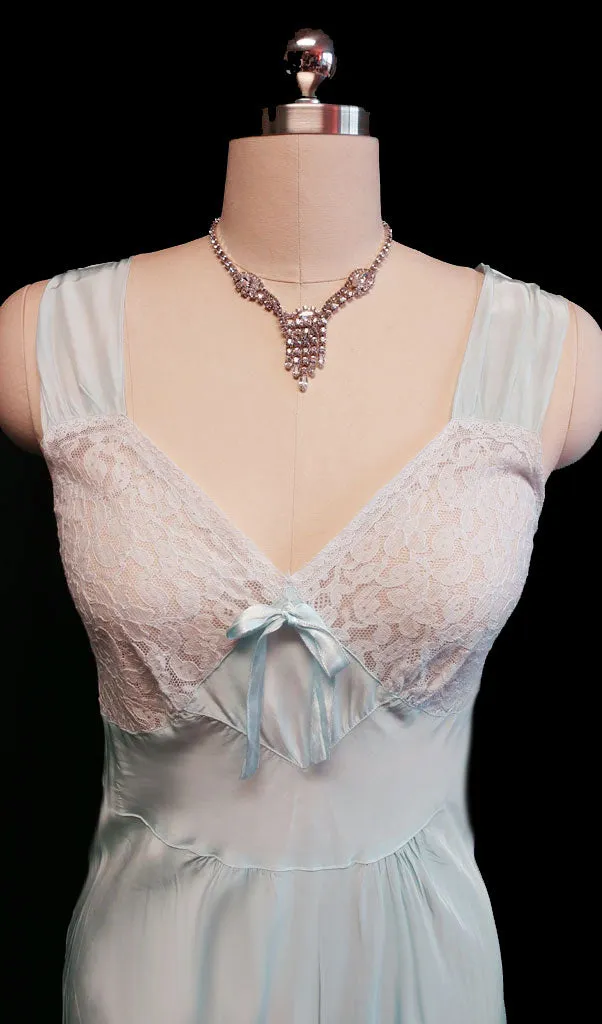 *VINTAGE 1930s LACE BED JACKET AND BIAS NIGHTGOWN SET IN ANTIQUE BLUE