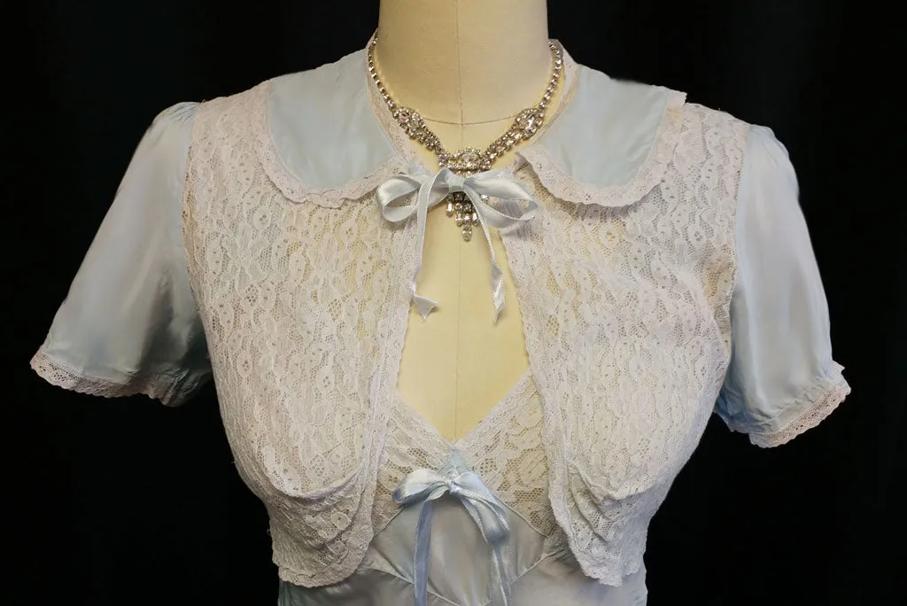 *VINTAGE 1930s LACE BED JACKET AND BIAS NIGHTGOWN SET IN ANTIQUE BLUE