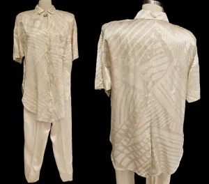 VINTAGE BLONDIE & ME SILKY SLIPPERY SATIN LOUNGING OUTFIT / PAJAMAS IN IVORY SHADES - LIKE NEW!