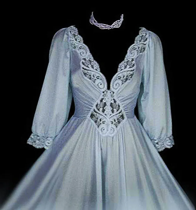 VINTAGE OLGA EXTRA LARGE WITH SLEEVES LACE SPANDEX NIGHTGOWN  IN BLUE PEARL