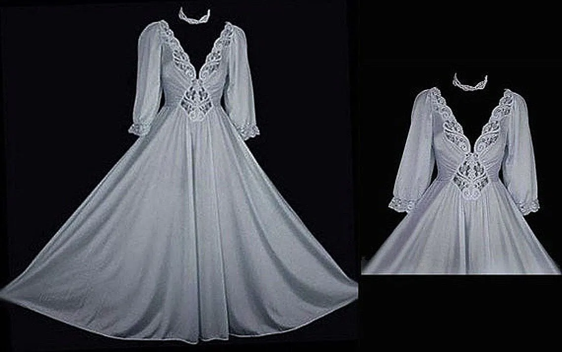 VINTAGE OLGA EXTRA LARGE WITH SLEEVES LACE SPANDEX NIGHTGOWN  IN BLUE PEARL