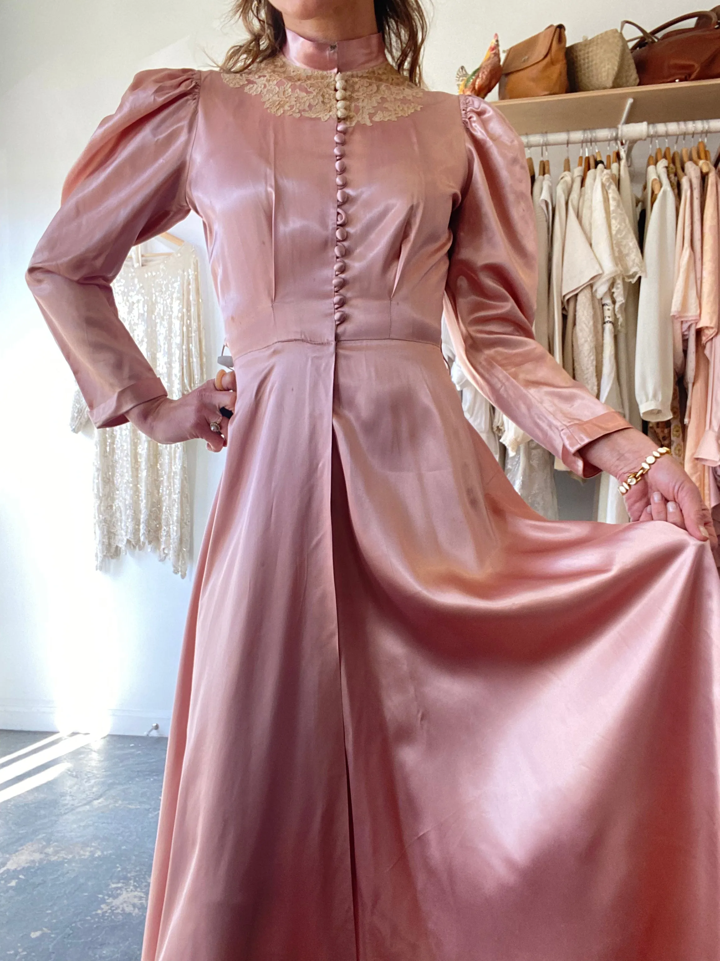 Vintage Pink Silk Victorian Bed Jacket Dress