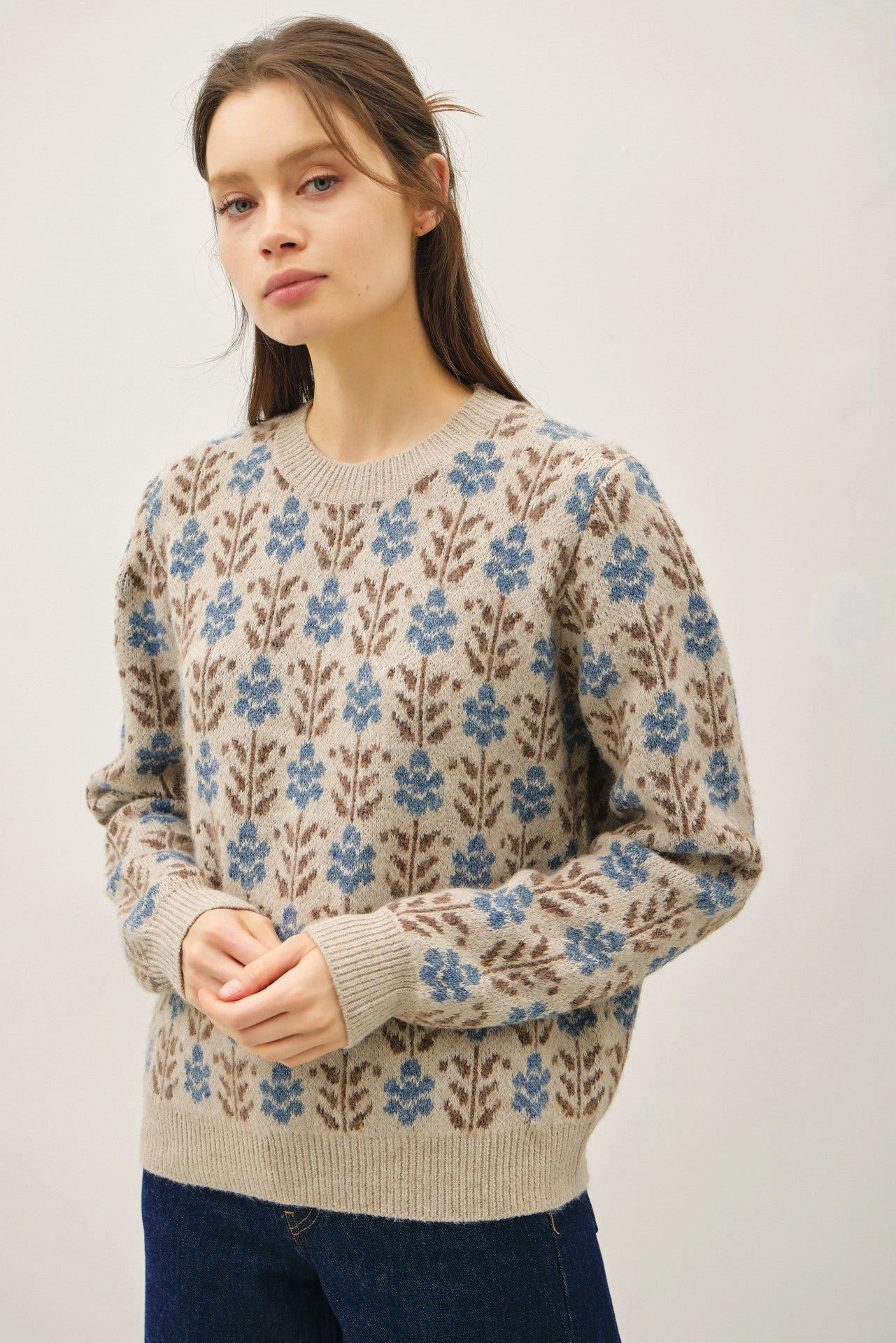 Vintage Floral Jaquard Sweater in Denim Oversized Collar