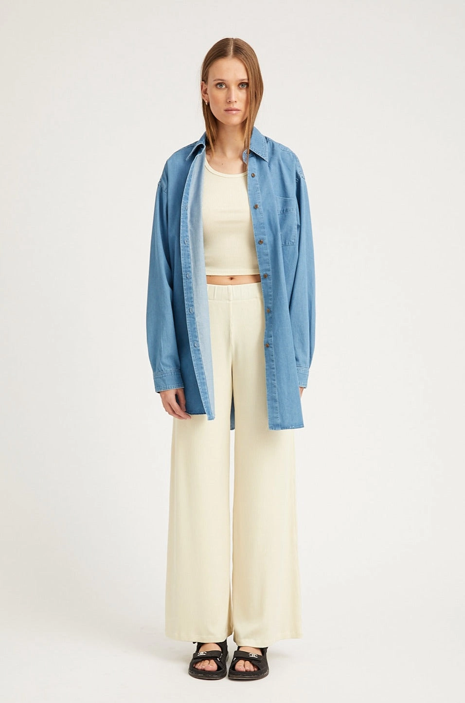 Bold Waistband Vintage White Rib Wide Leg Pants