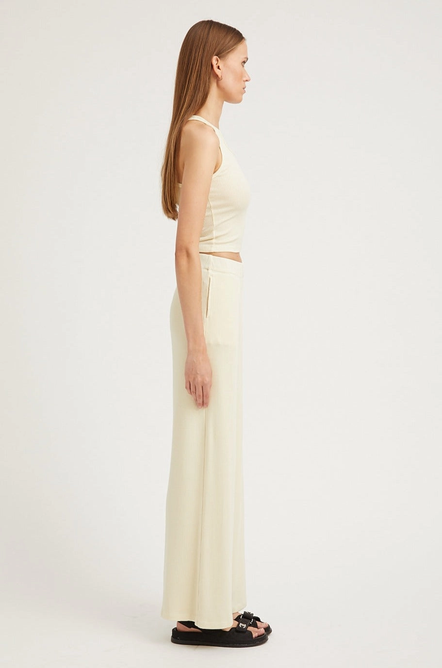 Flexible Knee Panels Vintage White Rib Wide Leg Pants