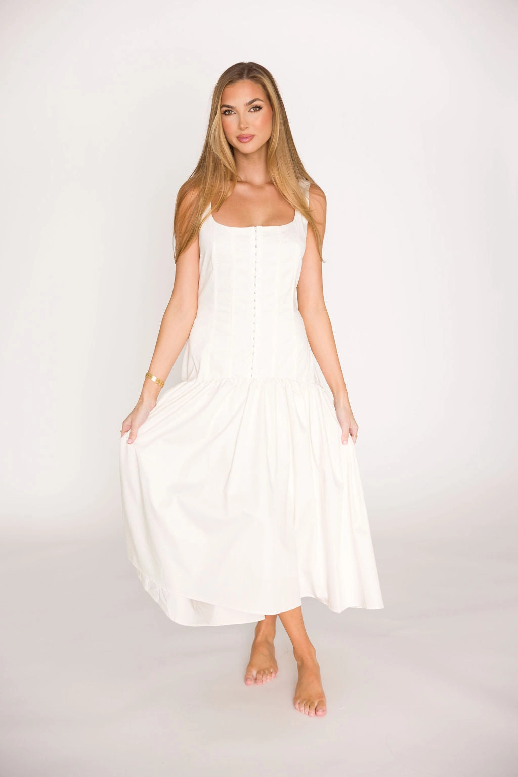Violet Corset Style Drop Waist Midi Dress in Off-White *Final-Sale* sophisticated appearance Ribbed-Texture