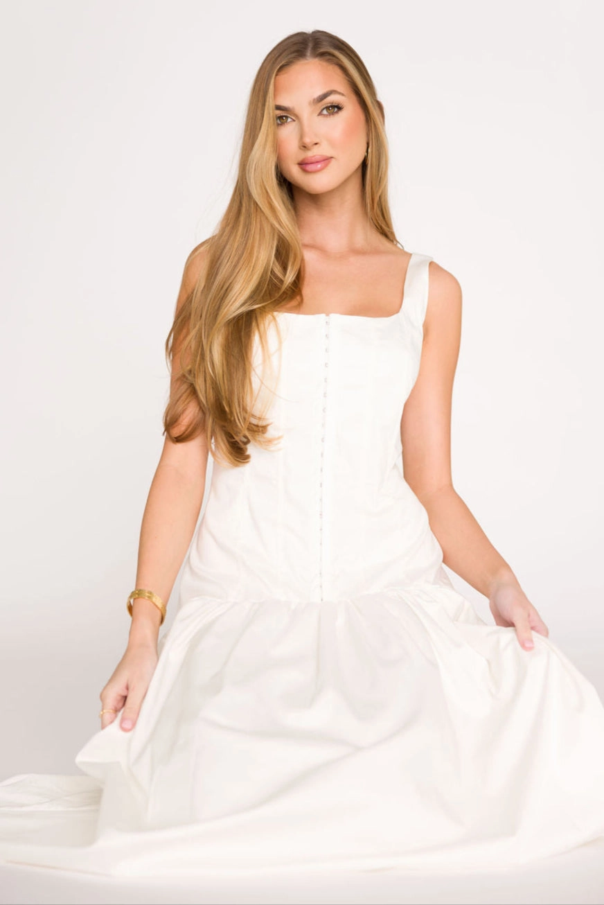 Violet Corset Style Drop Waist Midi Dress in Off-White *Final-Sale* Skirt Flare Classic Layering