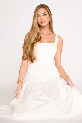 Violet Corset Style Drop Waist Midi Dress in Off-White *Final-Sale* Skirt Flare Classic Layering