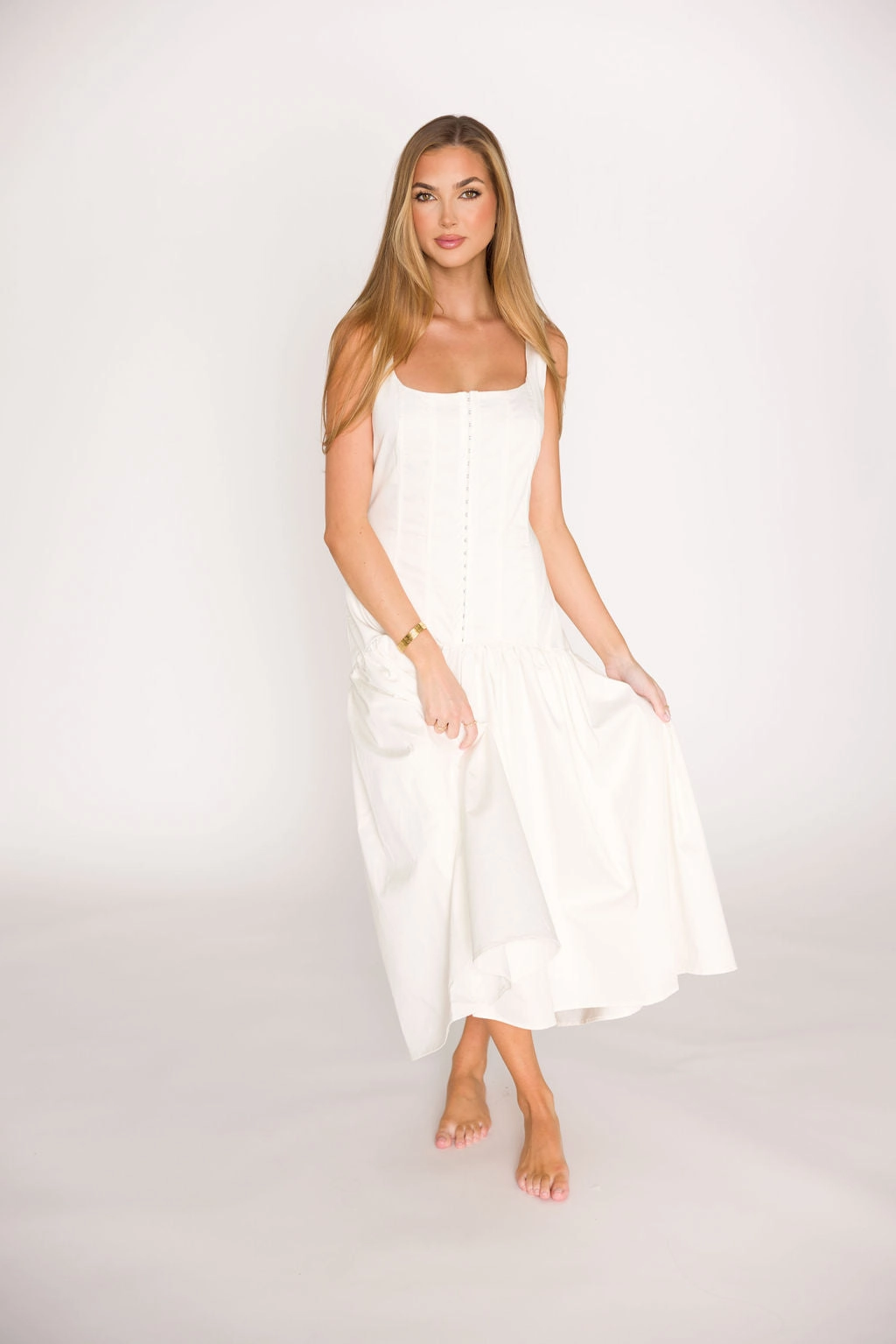 Violet Corset Style Drop Waist Midi Dress in Off-White *Final-Sale* Sophisticated Elegance Flattering Design