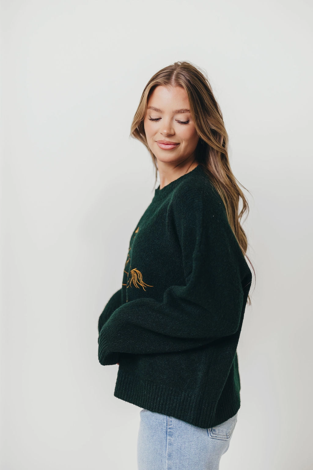 Virginia Embroidered Cowboy Knit Sweater in Deep Forest Anti Static Weave Technology TemperatureRegulating