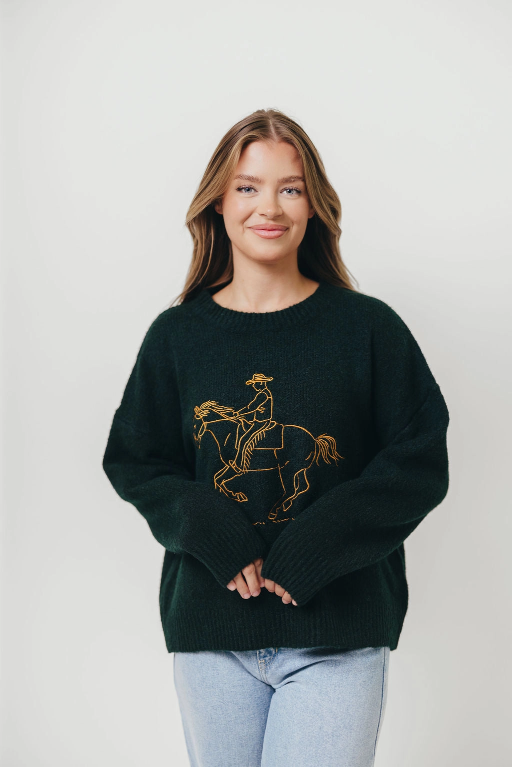Eco Friendly Fabric VentedBack Virginia Embroidered Cowboy Knit Sweater in Deep Forest