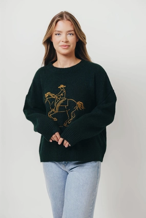 Loose cut NonRestrictiveSilhouette Virginia Embroidered Cowboy Knit Sweater in Deep Forest