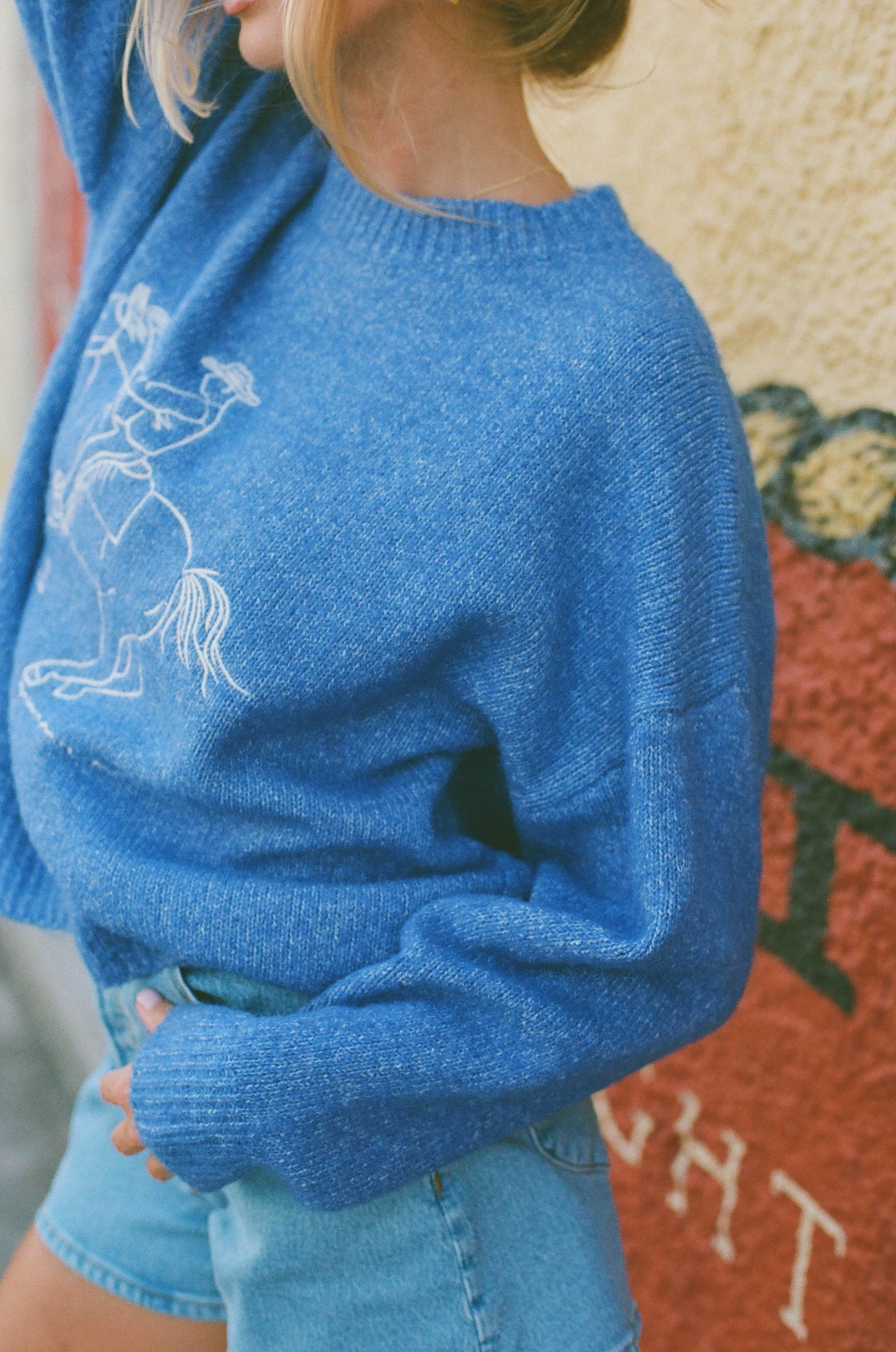 Virginia Embroidered Cowboy Knit Sweater in Royal Textured Weave Pattern Sporty Sweatshirt