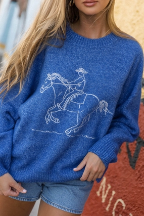 All-Purpose Non Restrictive Collar Virginia Embroidered Cowboy Knit Sweater in Royal