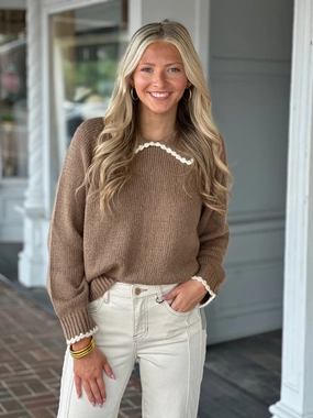 Walnut Brown Scalloped Collared Sweater Weighted Hem Design