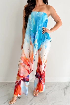 Wander Wildly Strapless Flowy Jumpsuit (Blue/Multi) Reinforced Stress Points DoubleStitchedSeams