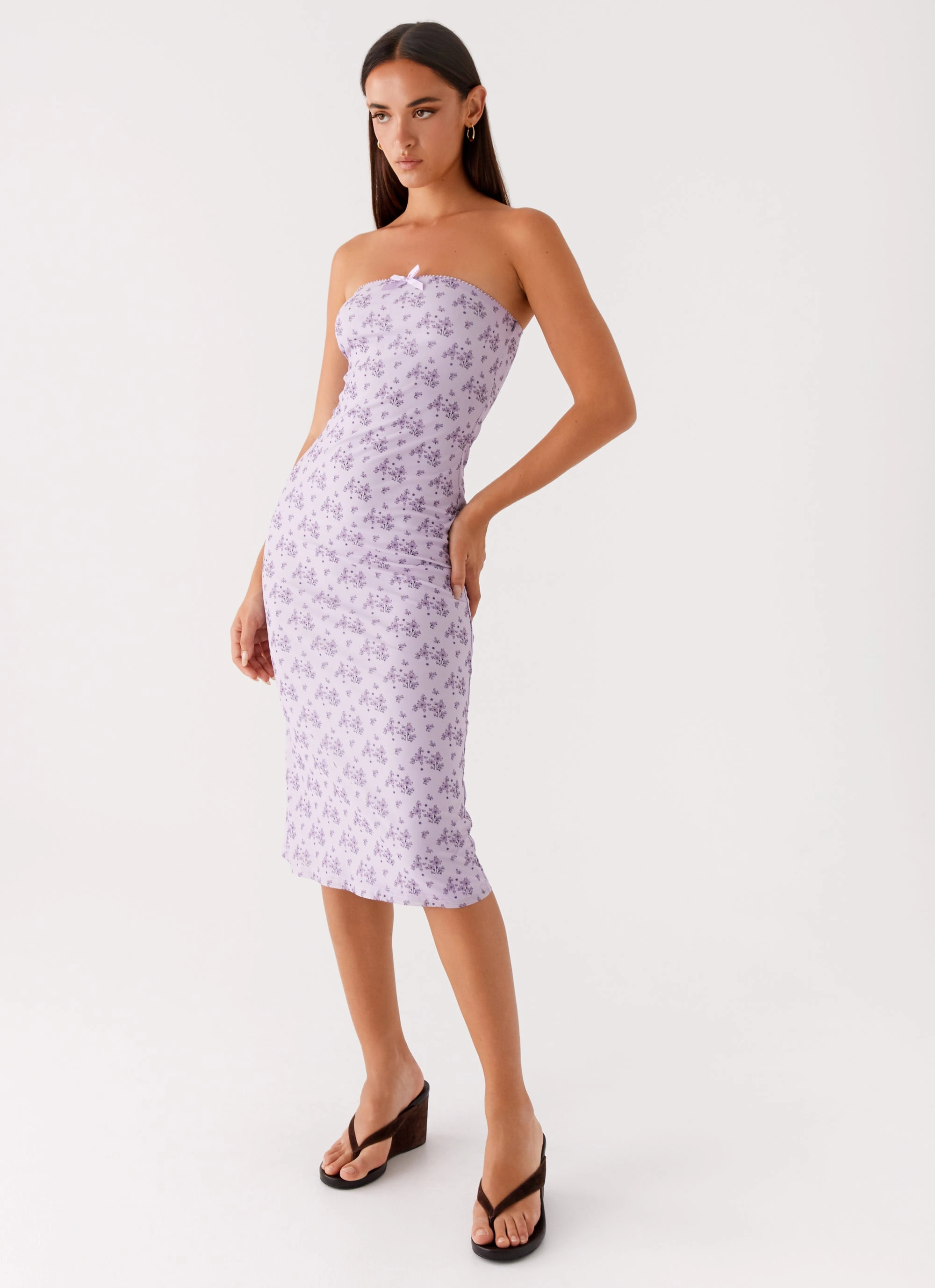 Comfortable Waist Crisp Silhouette Keila Strapless Midi Dress - Lavender Meadow