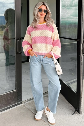 Warm Whispers Striped Crochet Knit POL Sweater (Pink) Double Faced Jersey Knit AntiStaticFinish