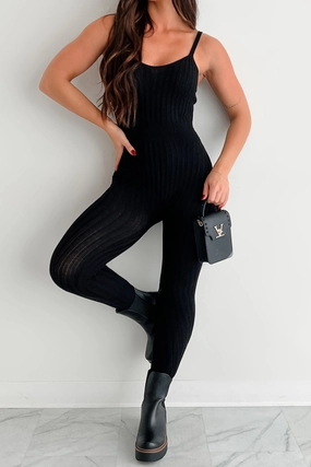 Ribbed Trim Details Better By The Minute Sweater Knit Catsuit (Black)