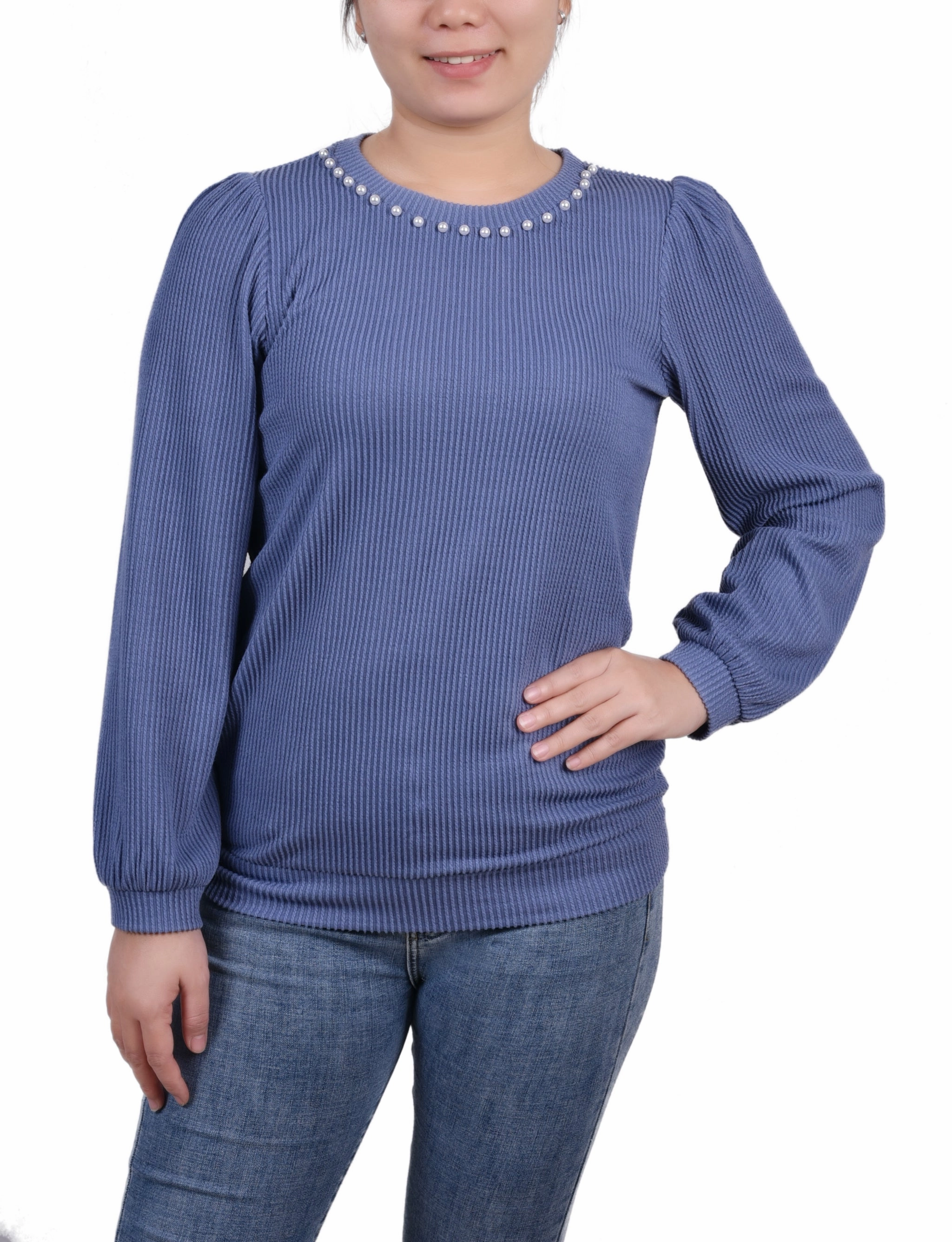 Long Sleeve Ribbed Pearl Trimmed Top QuickDry Technology WrinkleResistant Cloth