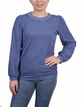 Long Sleeve Ribbed Pearl Trimmed Top QuickDry Technology WrinkleResistant Cloth