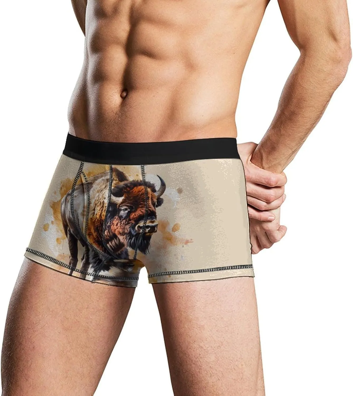 Watercolor Bison Mens Boxer Brief Funny Underwear Trunks Breathable Soft Printed Shorts
