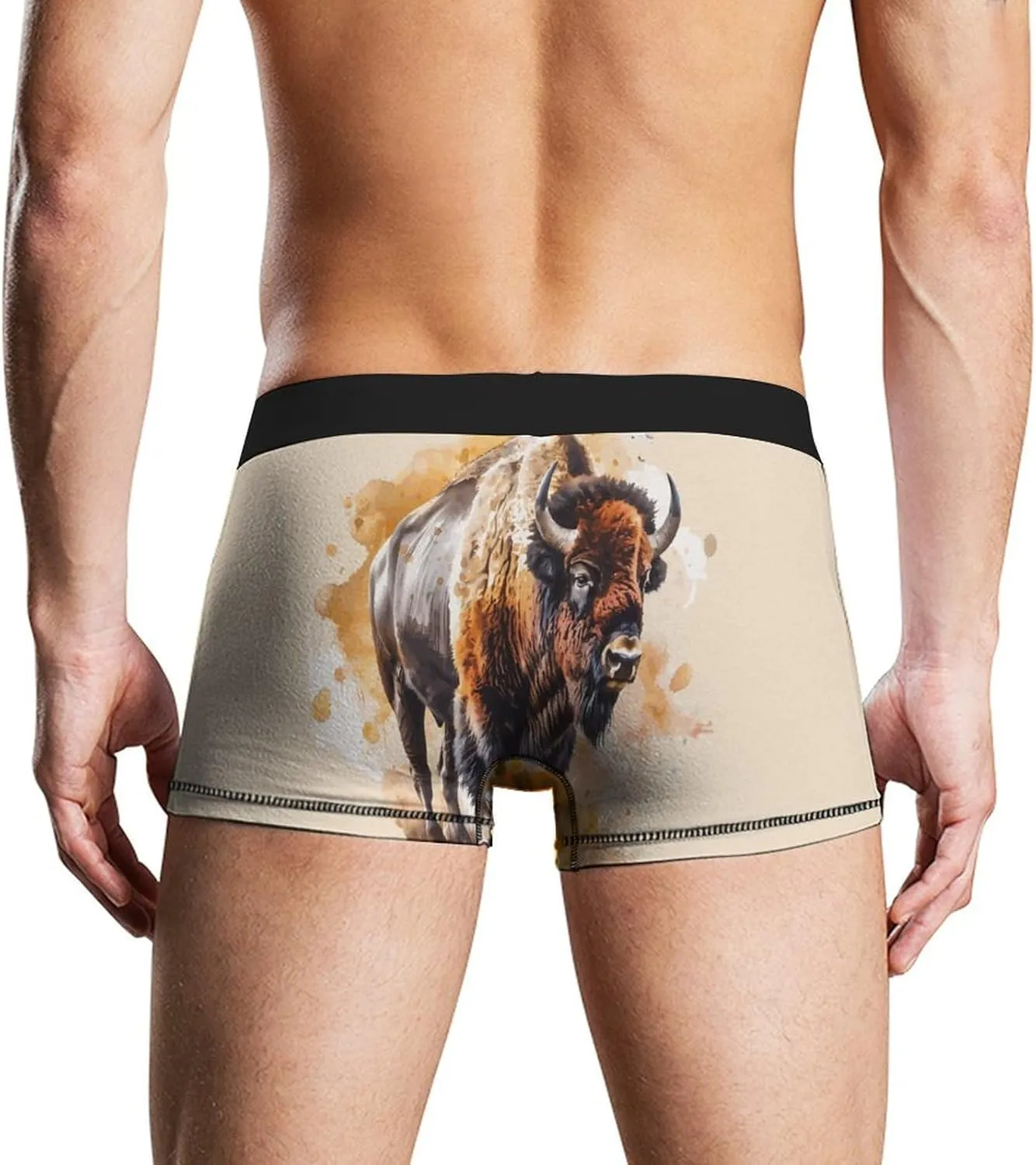 Watercolor Bison Mens Boxer Brief Funny Underwear Trunks Breathable Soft Printed Shorts