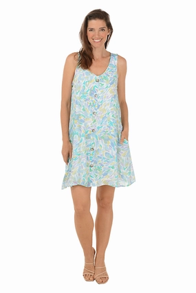 Watercolor Petal Button-Front Sleeveless Dress Hook-And-Eye
