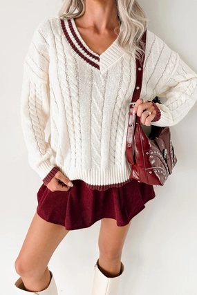 Woven Stories Cable Knit V Neck Sweater (Cream) HighElasticity Thread Ribbed Trims