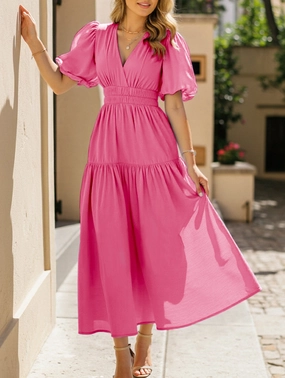 Natural Aesthetic Layered-Look Solid Color Dark V Lantern Sleeve Dress