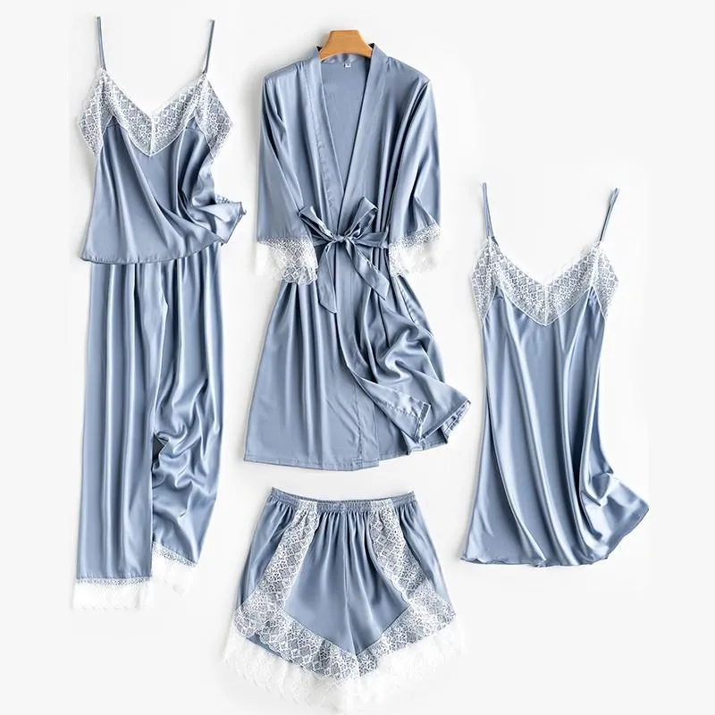 Wedding Robe Suit Women Summer Satin Kimono Bath Gown Sexy Lace Sleepwear Pj Sets Bride Bridesmaid Bathorobe Lingerie Loose Pajamas