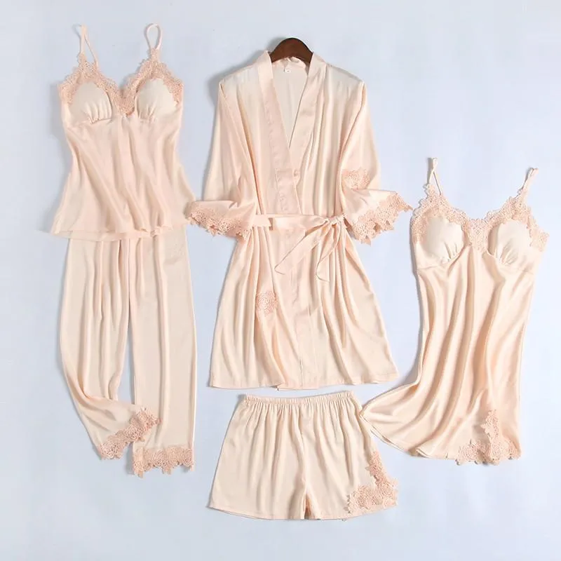 Wedding Robe Suit Women Summer Satin Kimono Bath Gown Sexy Lace Sleepwear Pj Sets Bride Bridesmaid Bathorobe Lingerie Loose Pajamas