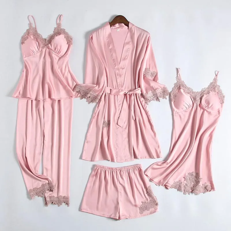 Wedding Robe Suit Women Summer Satin Kimono Bath Gown Sexy Lace Sleepwear Pj Sets Bride Bridesmaid Bathorobe Lingerie Loose Pajamas